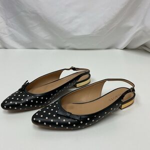 Talbots Black & White Polka Dot Slingback Flats w/ Bow & Gold Heel – Size 9.5M